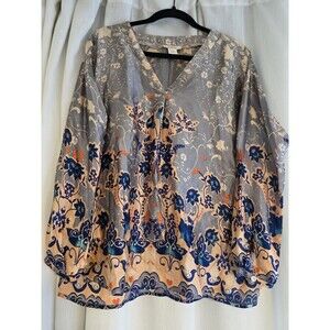 Sundance Women’s Gray Floral Long Sleeve V-neck Silk Blouse Boho Size S